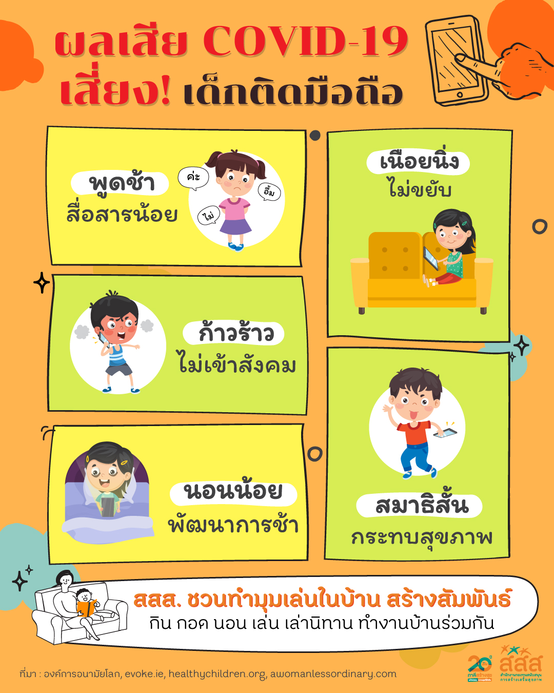 สสส.ห่วงเด็กติดมือถือช่วงโควิด แนะทำมุมเล่นในบ้าน thaihealth
