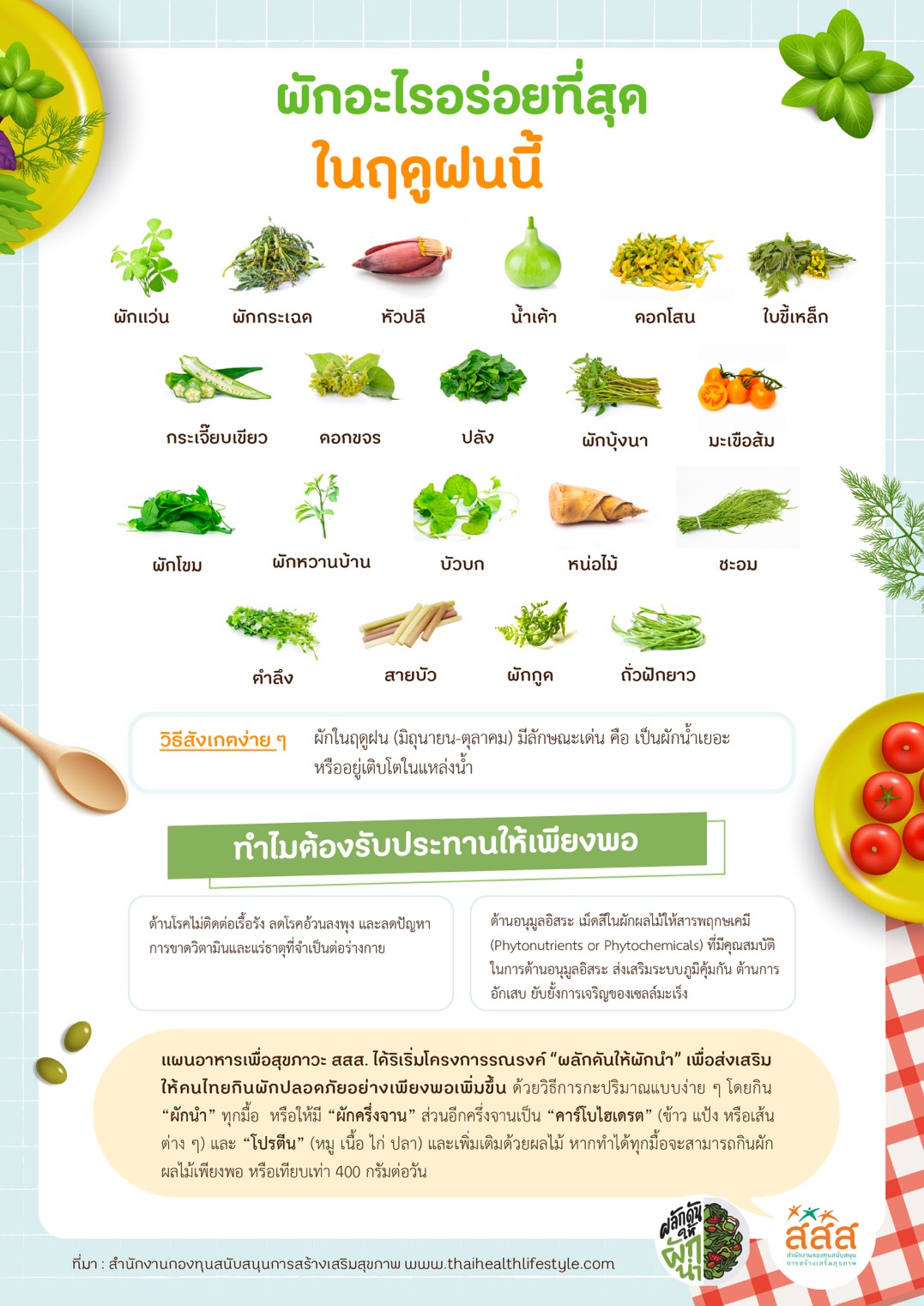 สสส.ชวนกินผักตามฤดู ลดปนเปื้อนสารเคมี thaihealth