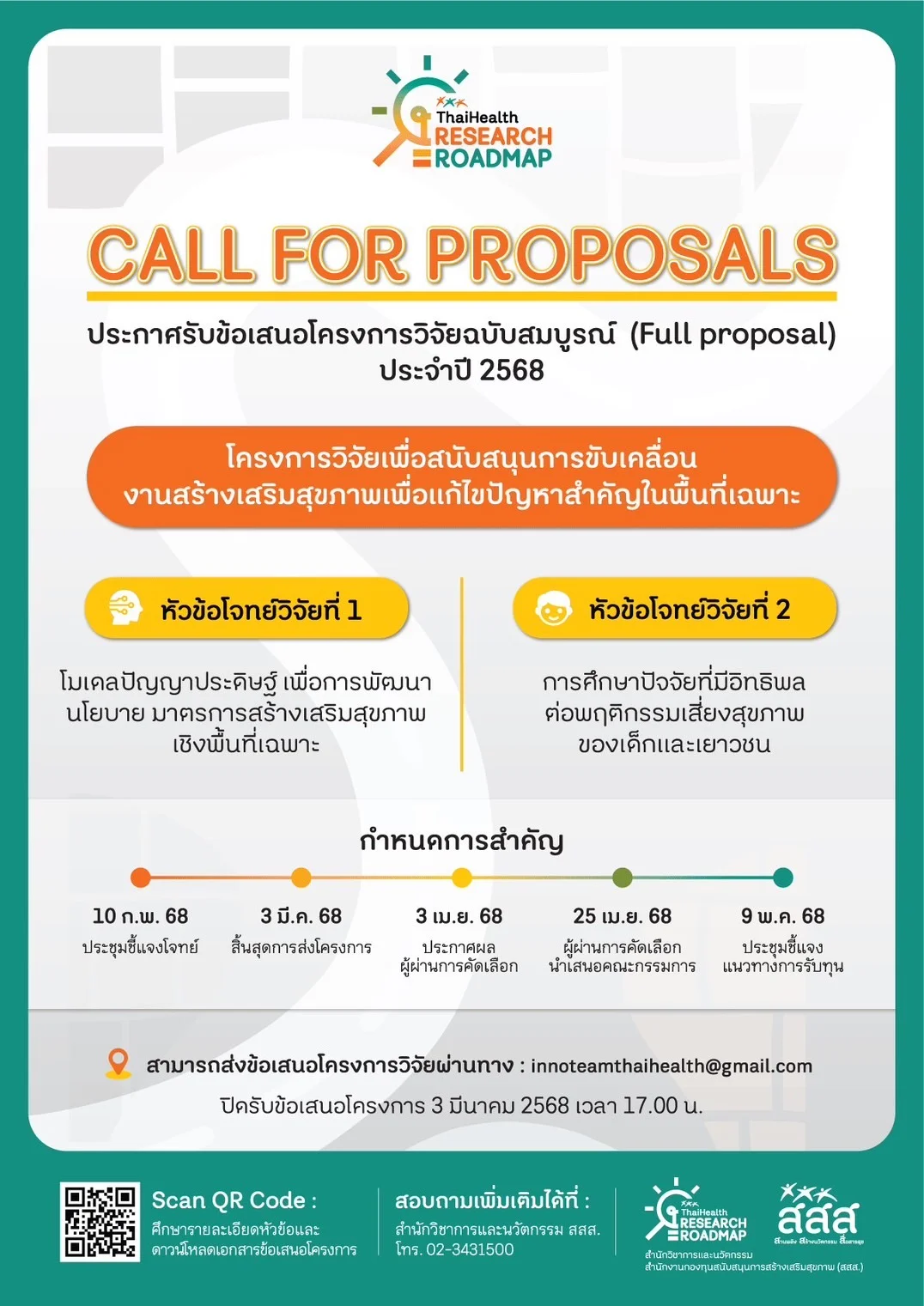 เปิดรับข้อเสนอโครงการวิจัยฉบับสมบูรณ์ Full Proposal ประจำปี 2568