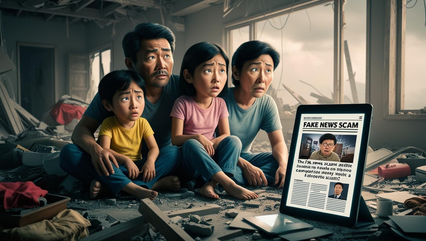 ภาพประกอบทำจาก AI ภาพครอบครัวชาวเอเชียภายในอาคารหลังเหตุการณ์แผ่นดินไหว กำลังรับข่าวสารเกี่ยวกับภัยพิบัติ